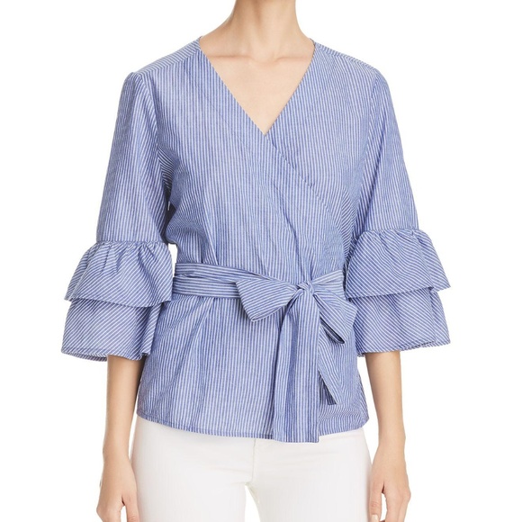 beachlunchlounge Tops -  BEACHLUNCHLOUNGE Bell Sleeve Wrap Top Blue XL
